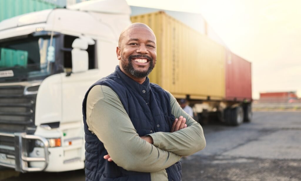 Delivery, container and happy truck driver moving industry cargo and freight at a shipping supply c